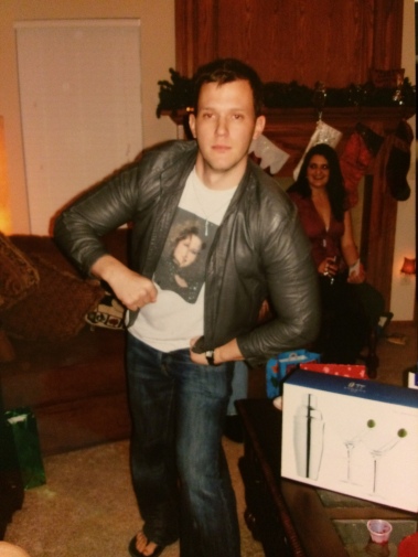 Here I am all grown up wearing a photo of my wife's 80s glamor shot. Also wearing a very tight leather jacket some hipster wore to our Christmas party that year. Also, I'm drunk in this photo.